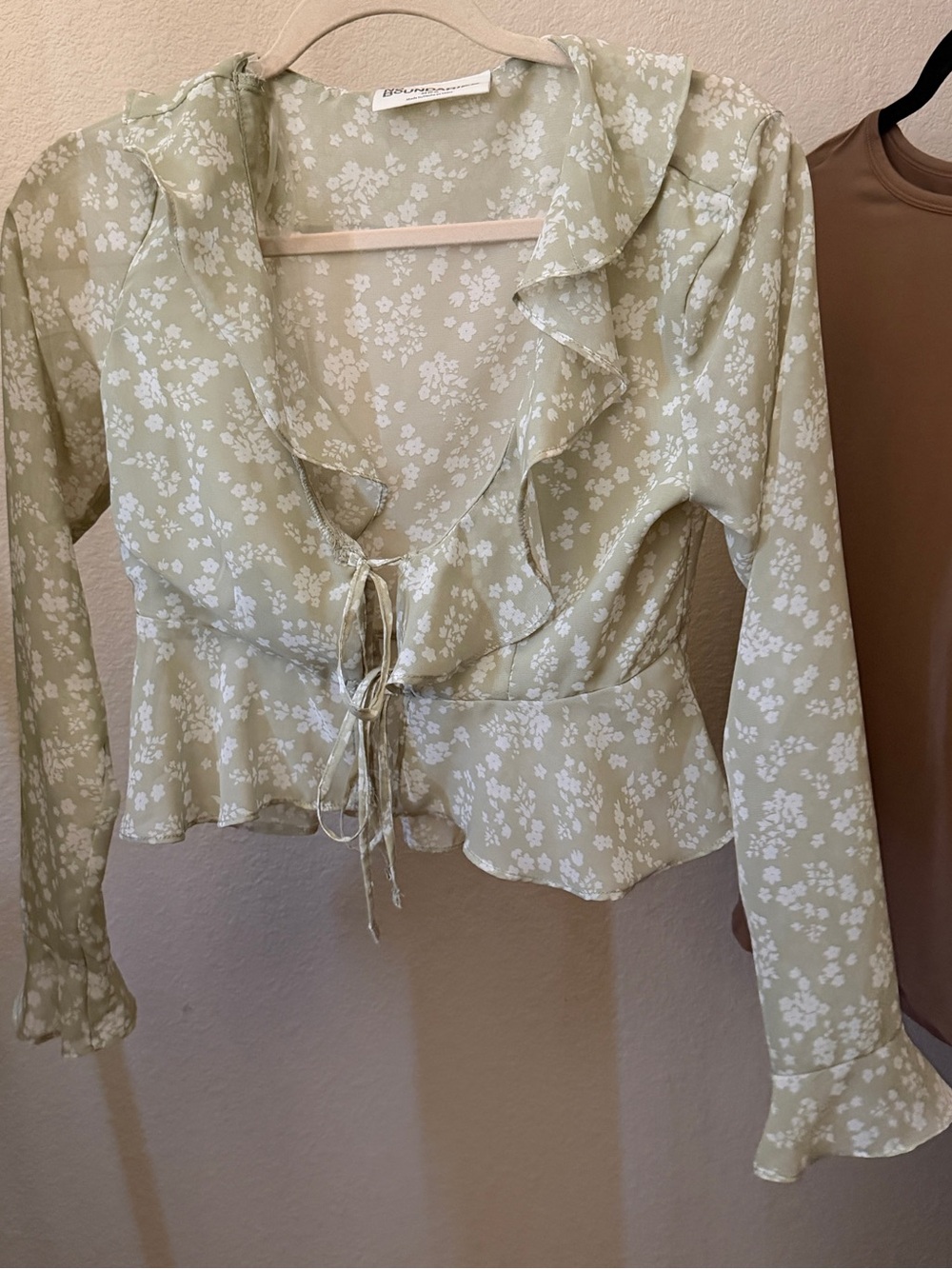 No Boundaries Sage Floral Ruffle Tie-Front Blouse